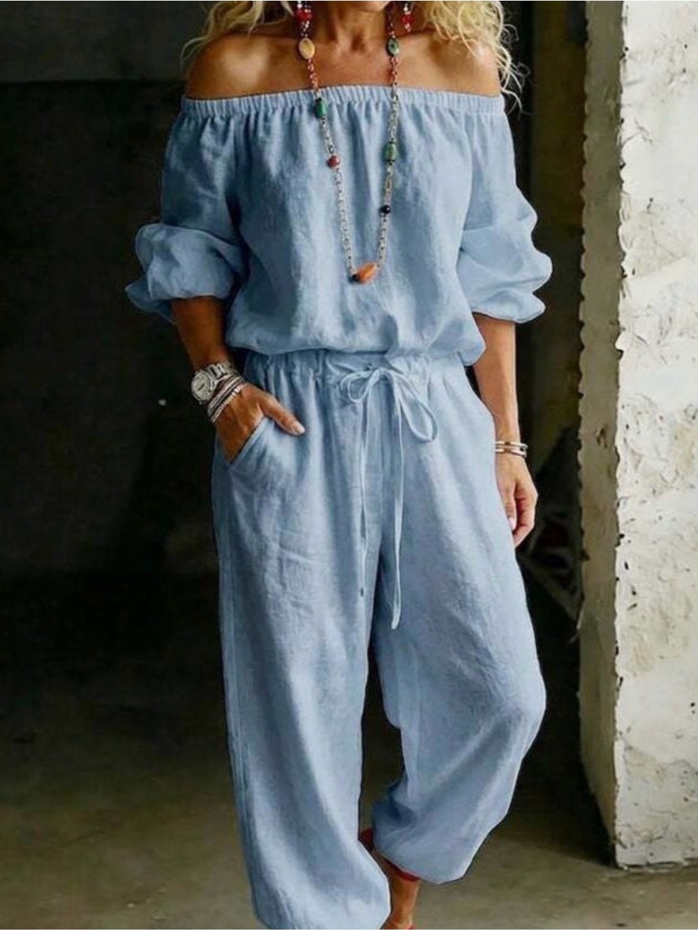 Off-Shoulder 2 piece Light Blue Linen Blend Jumpsuit with Drawstring Waist